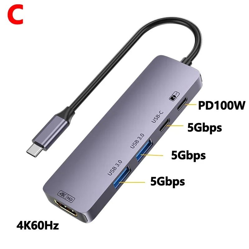 10Gbps USB C HUB 4K 60Hz Type C to HDMI-compatible PD 100W USB Splitter Adapter For iPhone 15 Macbook Air Pro Samsung S23 24 Dex