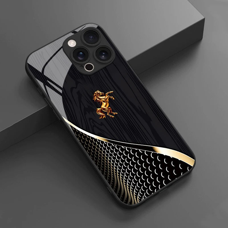 Stylish Golden Horse Tempered Glass Phone Case For iPhone 17 16 Pro 16E 15 14 13 12 11 Pro Max 17 Air X XR XS 7 8 Plus Cover