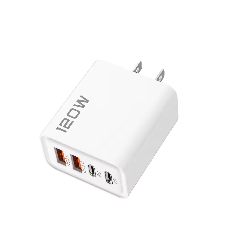 120W 4 Ports USB Charger Fast Charge Phone Charger Adapter Type C Cable For iPhone Samsung Xiaomi EU/US/UK Plug Wall Charger