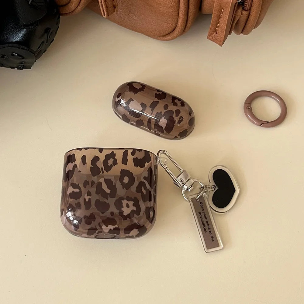 fashion luxury transparent leopard print pattern black love heart Pendant for airpods 4 3 1 pro 2 soft silicone protection case