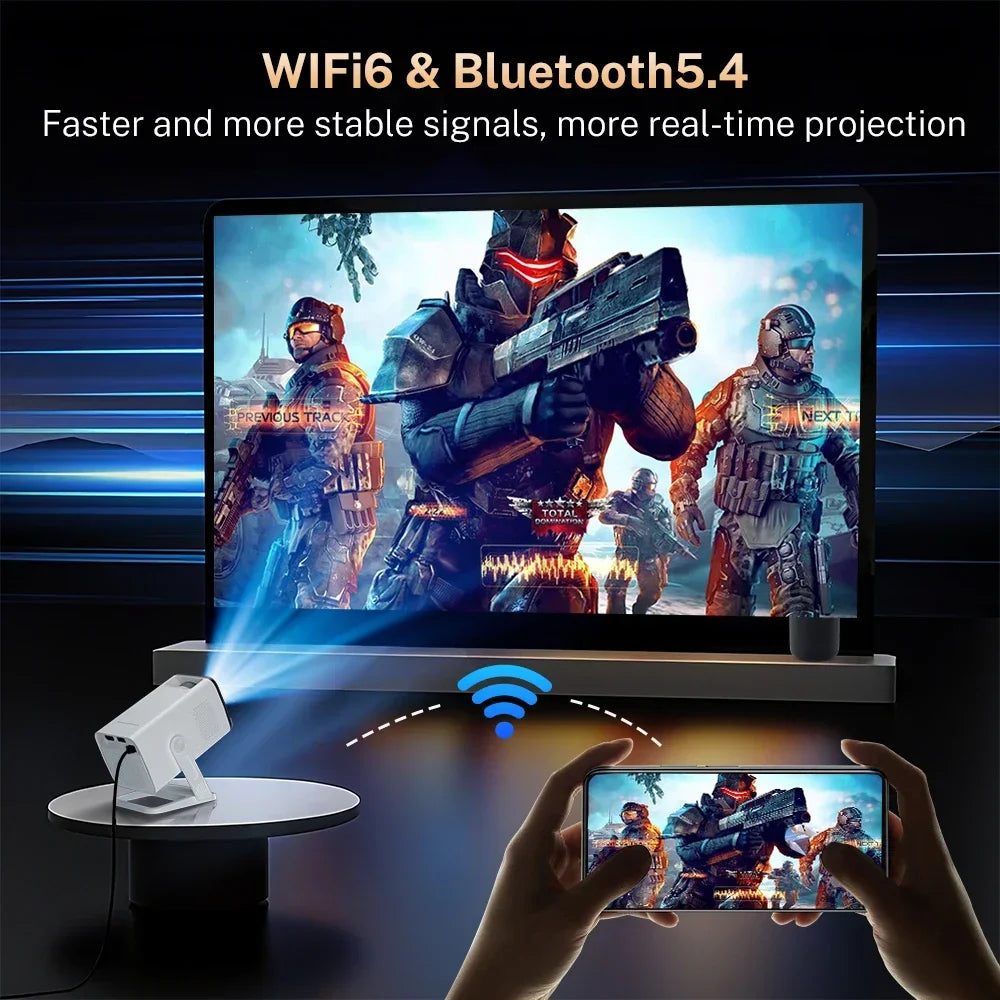 Mini Projector Native 1080P, 4K Decoding, WiFi 6 & BT 5.4, Android TV Short Throw Portable Beamer for Home Theater Outdoor Movie