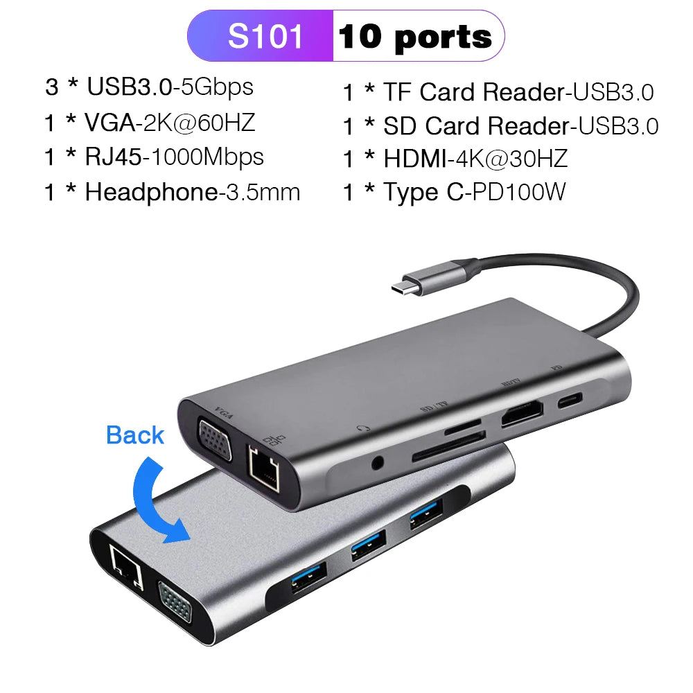 RJ45 100M/1000Mbps Ethernet to USB C Adapter Docking Station USB Type C to HDMI HUB 4K 30HZ Headphone PD 100W USB3 Extencion
