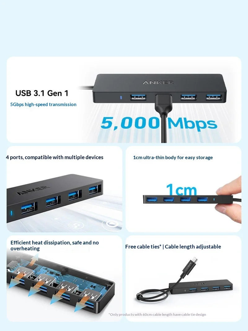 New Anker Usb C Hub 4 Port Usb 3 1 Gen 1 5gbps High Speed Data Transfer Slim Portable Expansion Dock For Laptop Pc Computer