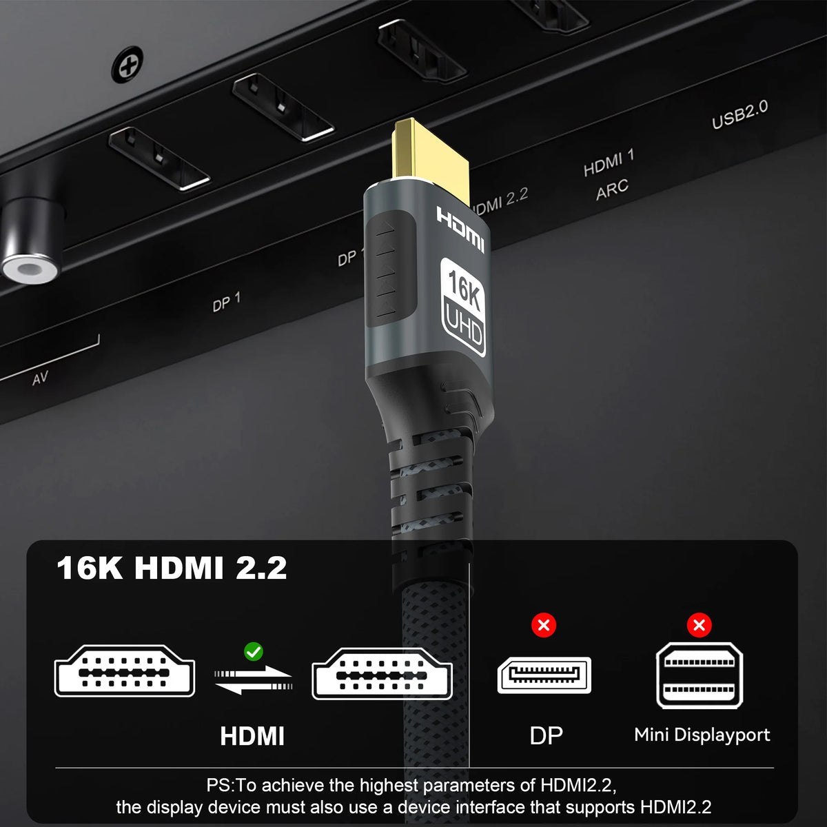 16K@60Hz HDMI 2.2 Cable compatible with 8K/4K HDMI supporting 8K@120Hz high-speed video for PS4/5 TVs laptops and monitors