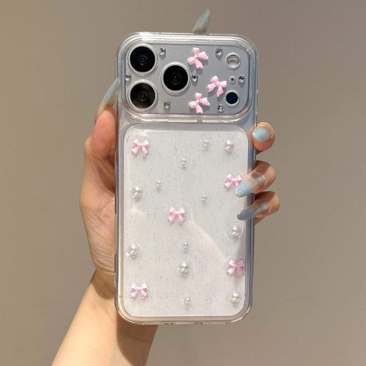 Cute 3D Pink Bowknot Pearl Glitter Clear Phone Case For iPhone 17 18 Pro Max 16 15 12 11 14 13 Lovely Shockroof TPU Soft Cover