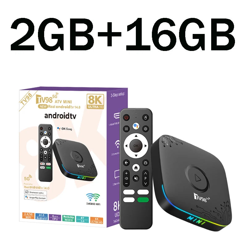 TV Stick TV98 ATV Mini Android 14.0 Quad Core 2G 16G Support 8K 4K HDR10+ 4G 5G Dual Wifi BT5.0 Media Player Voice Remote Smart
