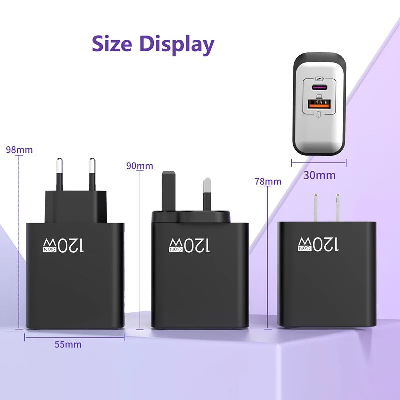 120W PD Fast Charger Type C Quick Charge USB C Wall Charger Adapter For iPhone 17 16 15 Samsung Xiaomi OPPO 2-in-1 Data Cable