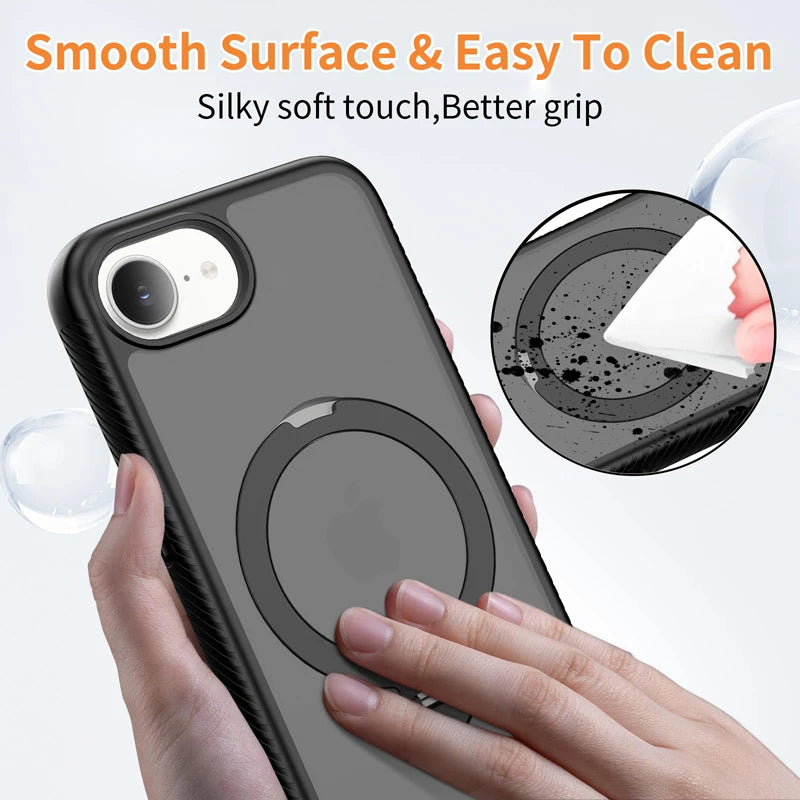 For iPhone 17E 16E Case ELVEV Magnetic Matte Hard PC+Soft TPU with Rotating Ring Bracket Protection Phone Cover