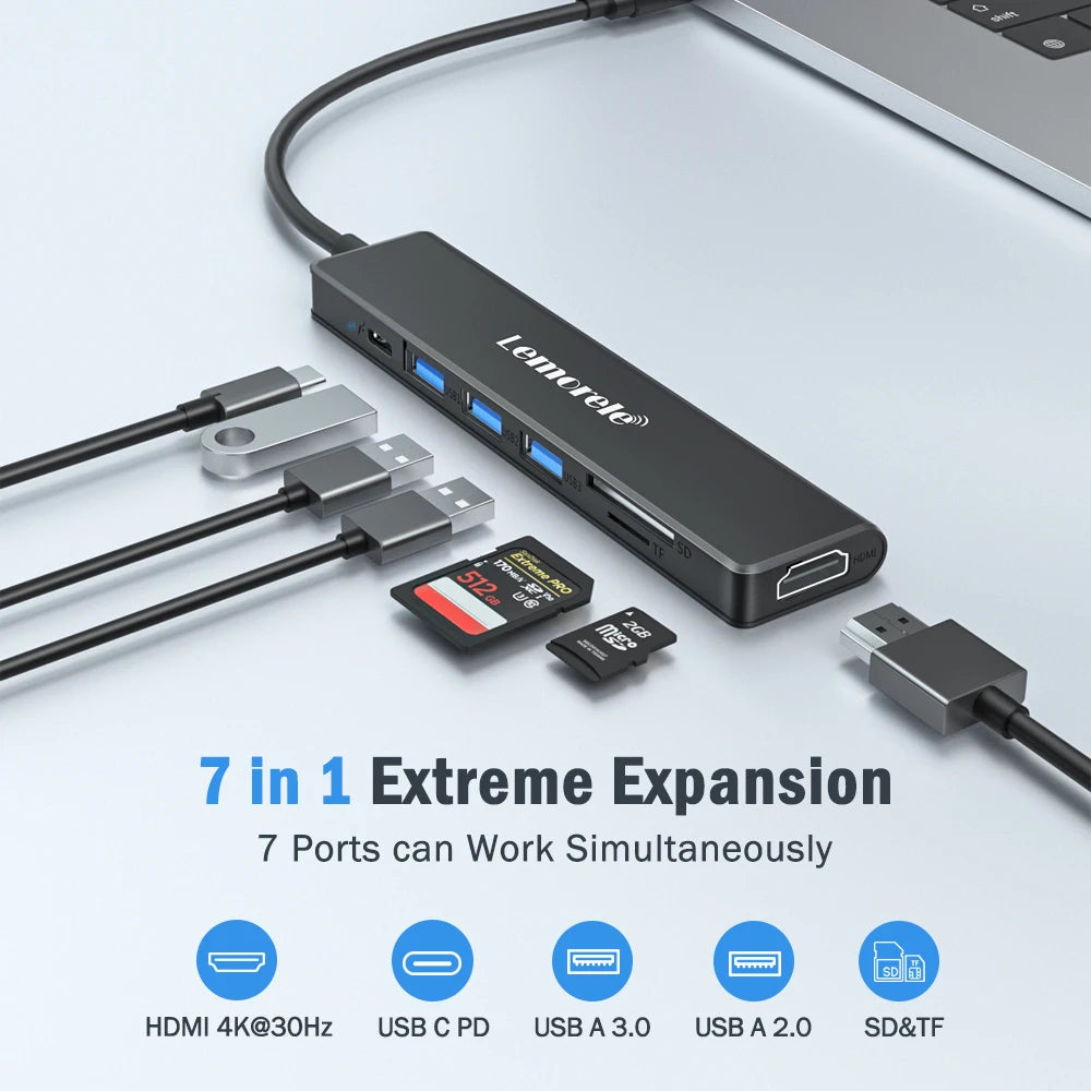 Lemorele TC70 7in1 USB C HUB Type C 3.0 Docking Station HDMI 4K@30Hz 100W PD SD/TF Slot Fast Transfer for Laptop Macbook Windows