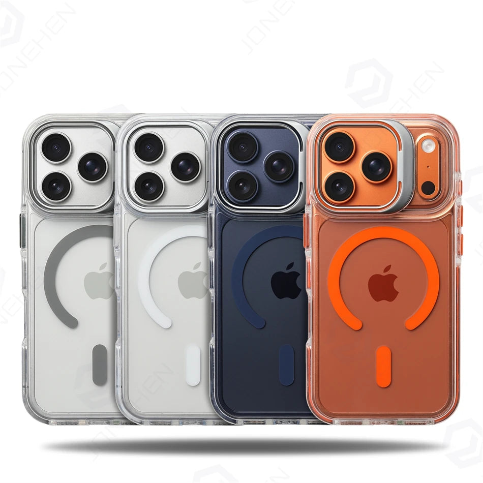 For Magsafe Hit Frame Magnetic Clear Case For iPhone Air 17 Pro Max 17p 16 15 14 Pro Alloy Bracket Stand Anti-Drop Bumper Cover