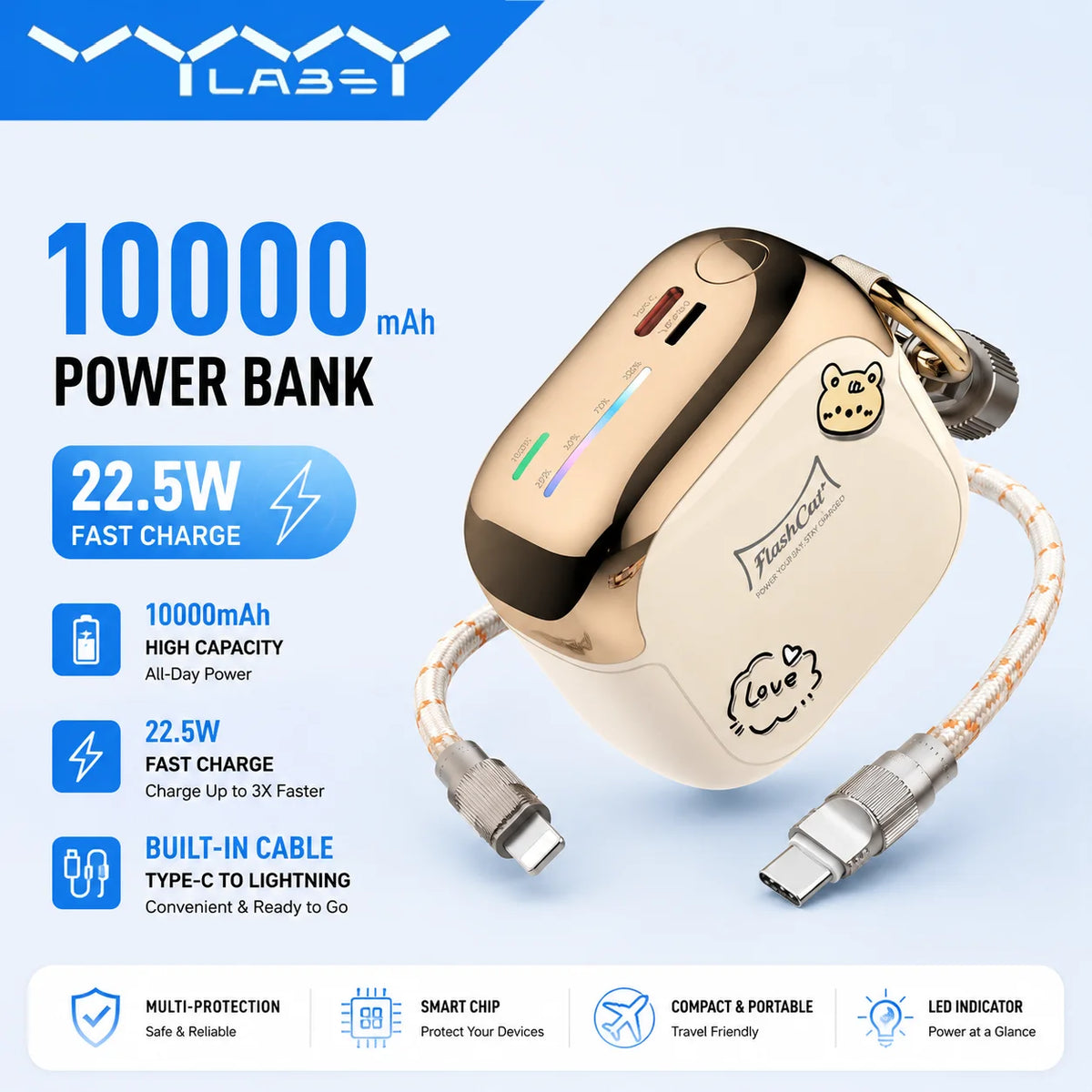 10000mAh Mini Power Bank 22.5W Fast Charge Powerbank External Battery with Type-C to Lightning Cable for iPhone Huawei Samsung