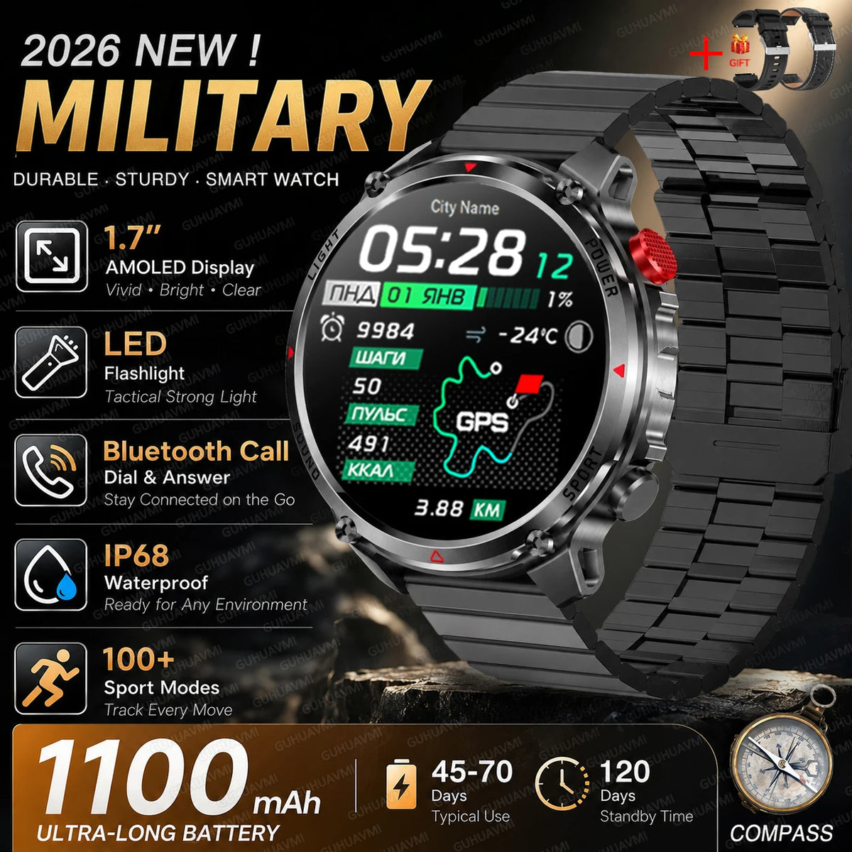 New Men Outdoor Military 1100mAh Large Battery Smart Watch Compass GPS Track IP68 Waterproof LED Flashlight BT Call Smartwatch