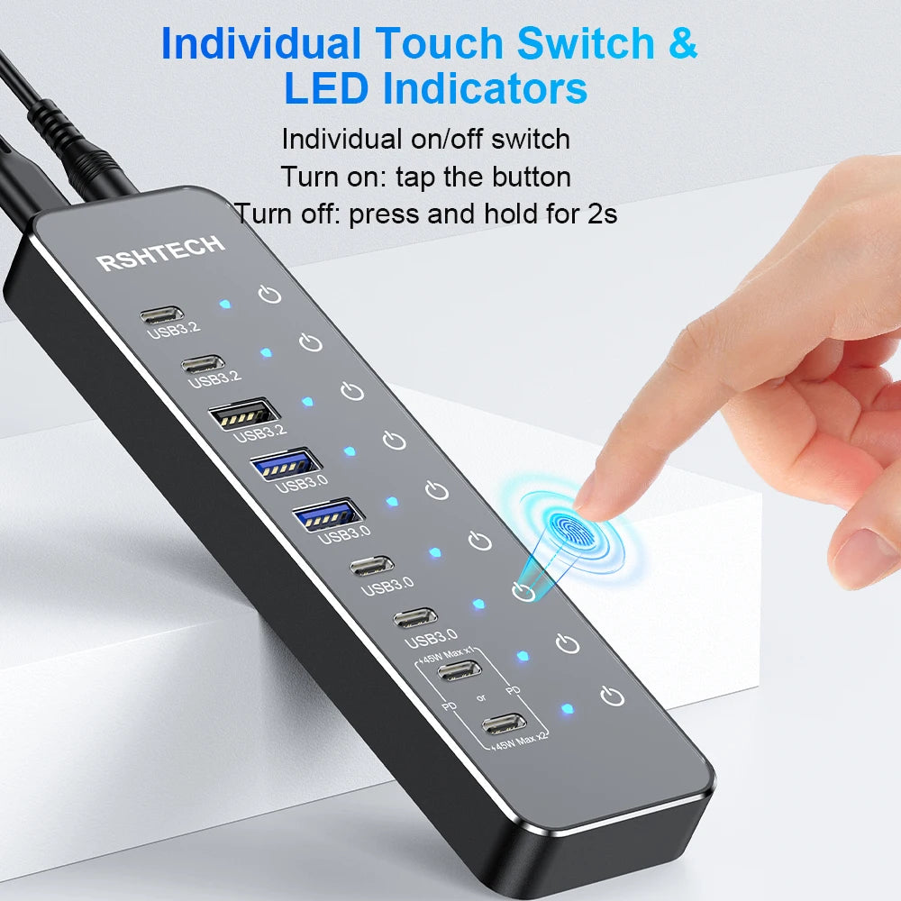 RSHTECH 10-in-1 Powered USB C Hub Splitter 10Gbps USB 3.2 Data Port PD100W Aluminum USB Multiport Adapter for MacBook Pro Air PC