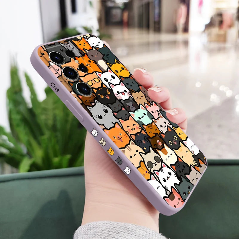 Cute Cat Drawing Phone Case For Samsung Galaxy S25 S24 S23 S22 S21 S20 Ultra FE S10 S10E Plus Note 20 Ultra Silicone Cover