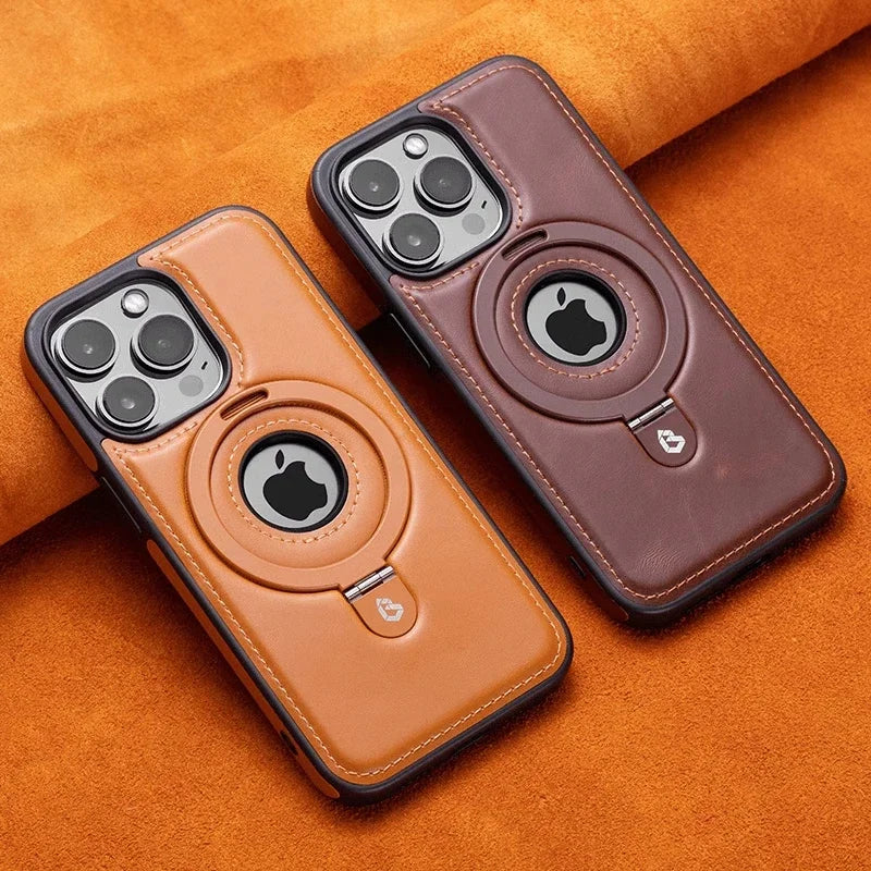 Luxury Leather Magnetic Ring Holder Case For iPhone 16 Pro Max 15 14 Plus 13 12 For Magsafe Hollow Logo Bracket Business Cover