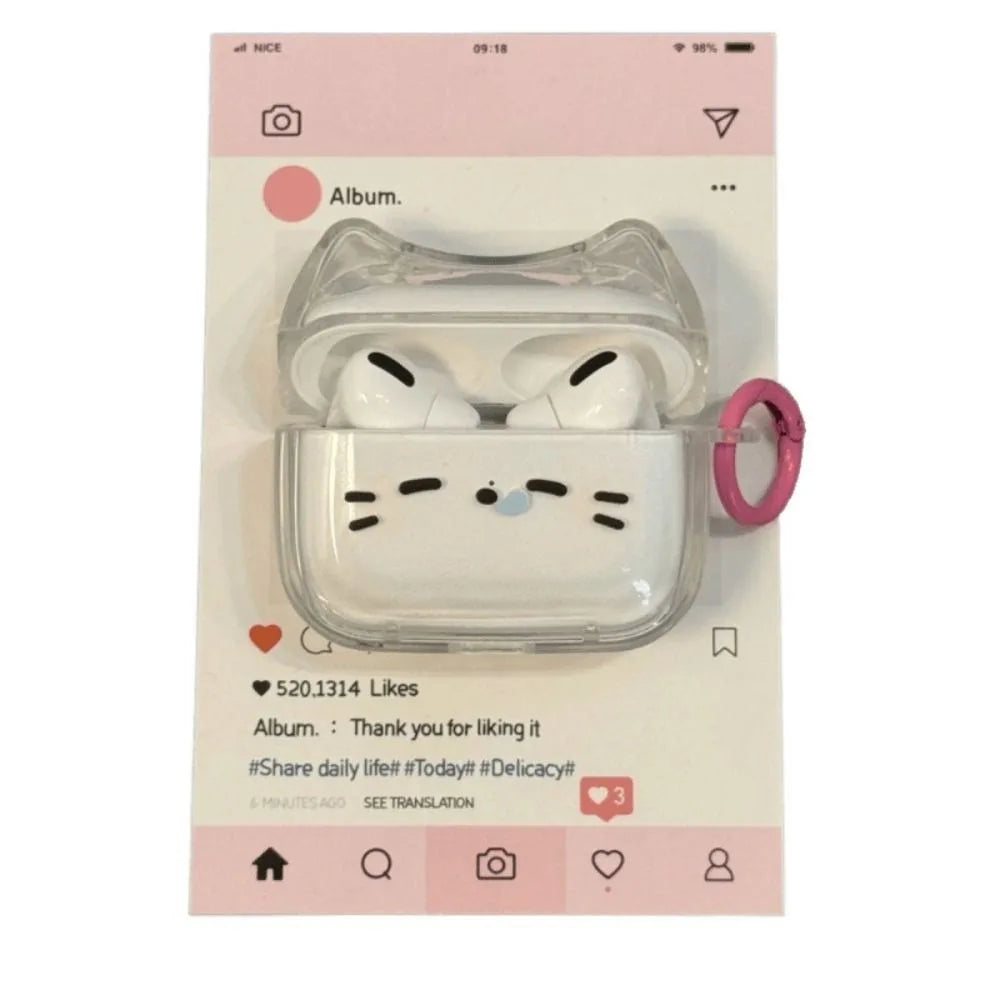 Cute Sleepy Cat Earphone Case Anti-Fall Earbuds Cover with Keyring Dustproof Shockproof Headphone Protective Case
