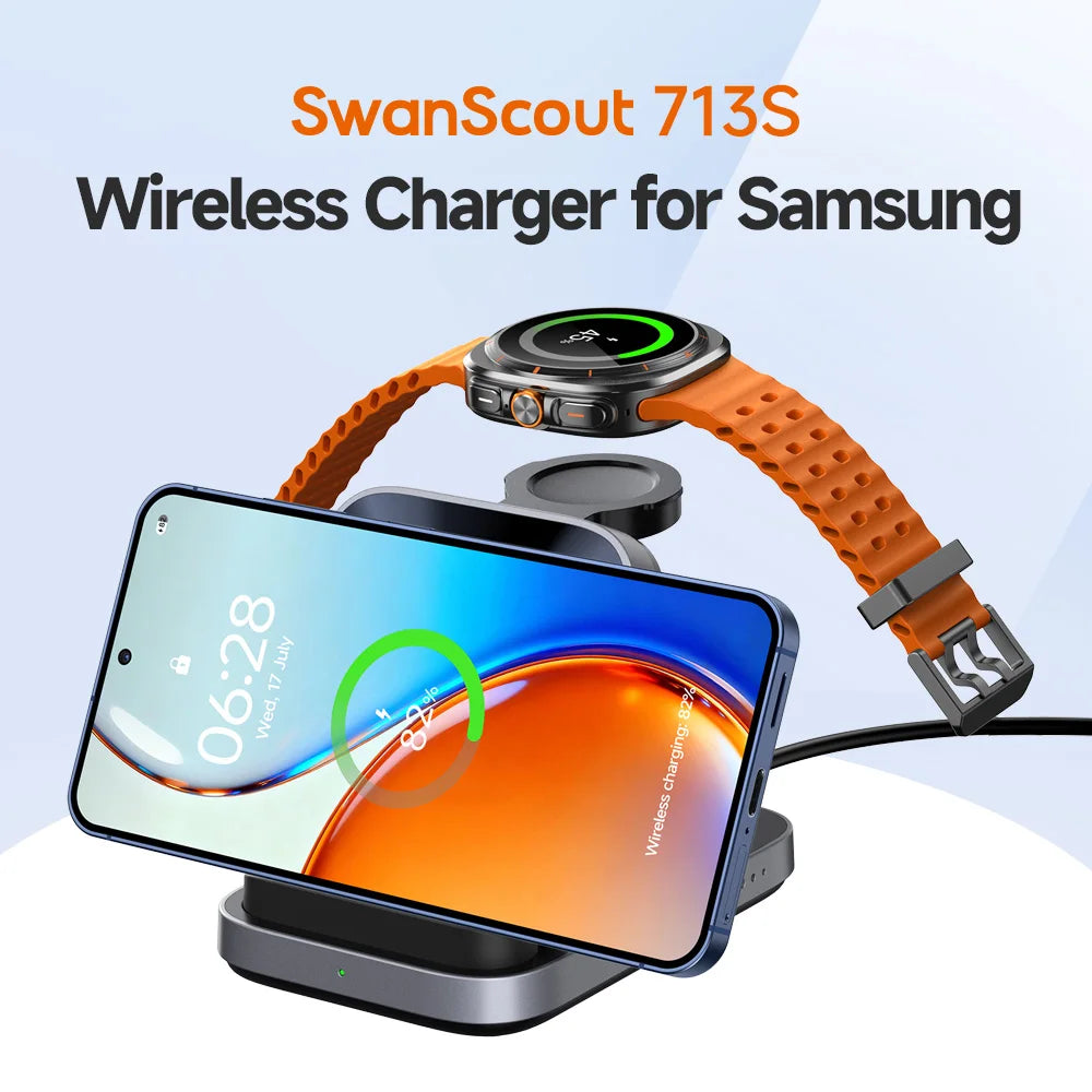 SwanScout 713S Wireless Charger for Galaxy Watch 8 7 Ultra 6 5 Foldable Charging Station for Samsung S25 Ultra S24 S23 Z Flip 7