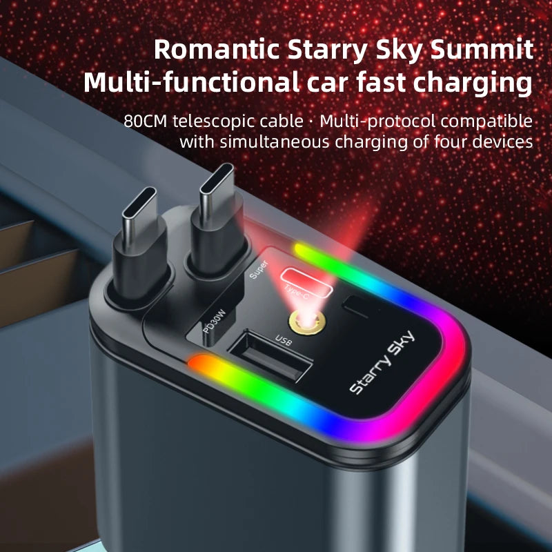 4-in-1 Car Charger with 2 Retractable Cable 180W Fast Charger Power Adapter Car Charger With Starlight For IOS Android Phones