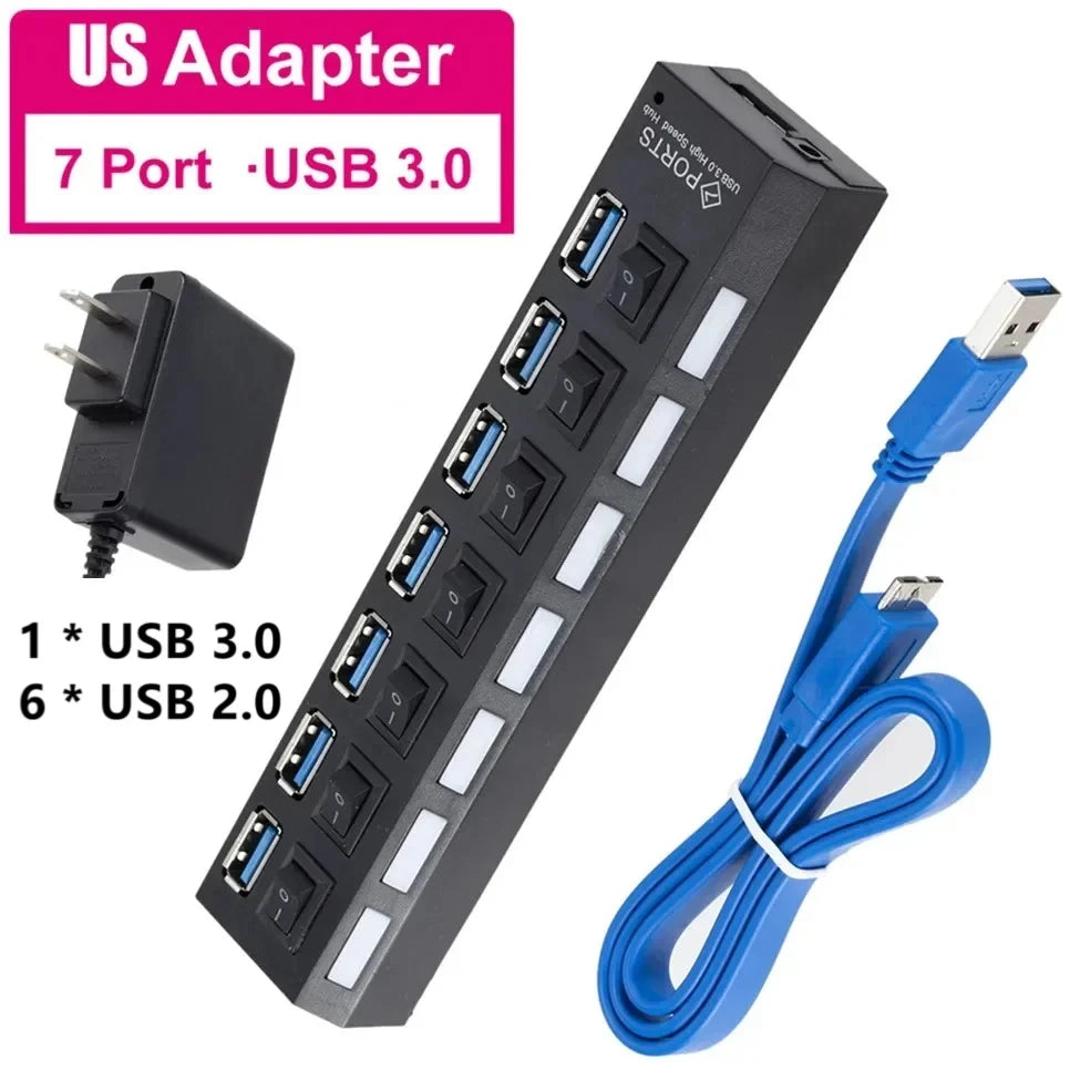 USB 3.0 2.0 Hub High Speed 4/7 Ports Multi USB Splitter USB Adapter Expander for Desktop PC Laptop Adapter with Switch Cable
