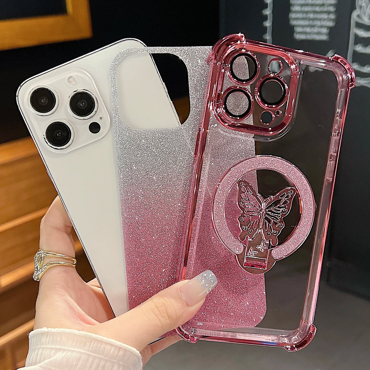 Luxury Butterfly Glitter Holder With Lens Film Phone Case For iPhone 11 12 13 14 15 16 17 Pro Max Plus Four Corner Anti Fall