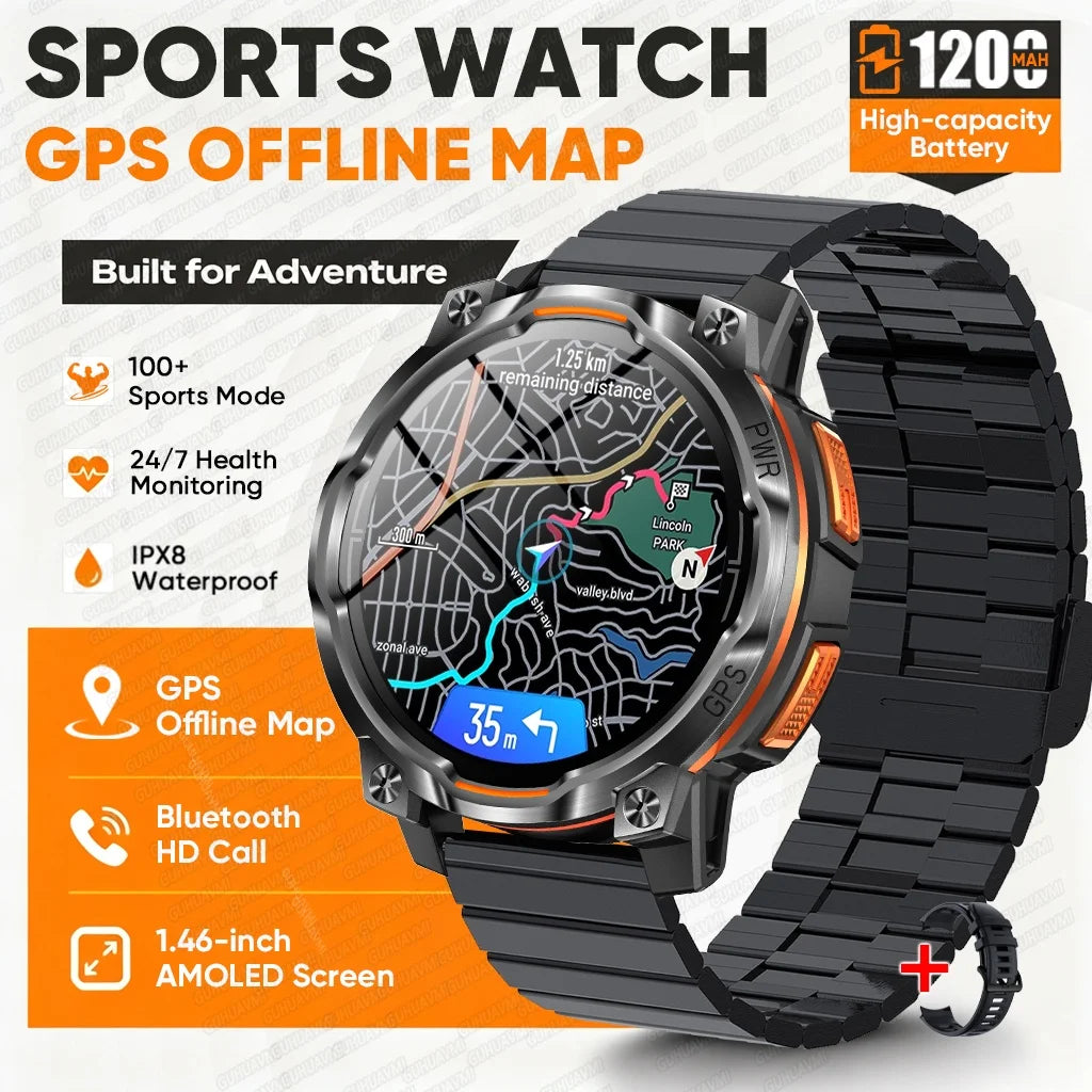 1200mAh Massive Power Outdoor GPS Smart Watch Offline Map 1.43“ HD Screen IPX8 Waterproof Compass Military 107+Sports Watch Men
