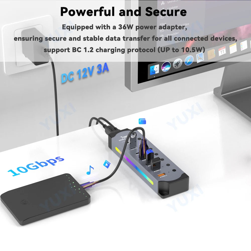 7 in 1 USB 3.2 Gen 2 HUB Powered USB 3.2 Splitter 10Gbps USB A Type C HUB Individual Switch Multiport RGB Expander For Laptop PC