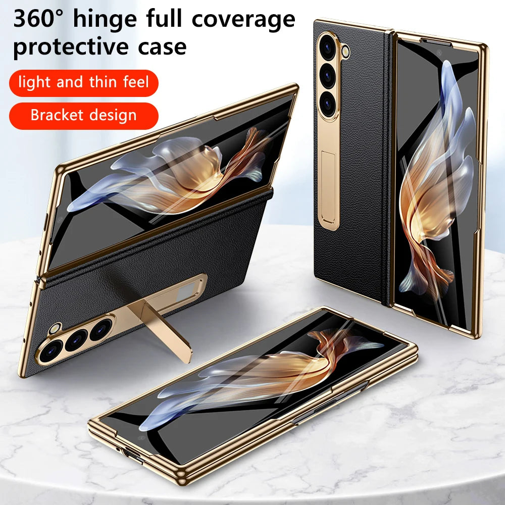 Leather Flip Case for Samsung Galaxy Z Fold 7 6 5 4 3 8 Fold8 ULtra Fold7 Plating Magnetic Hinge Stand Cover with Mirror Film