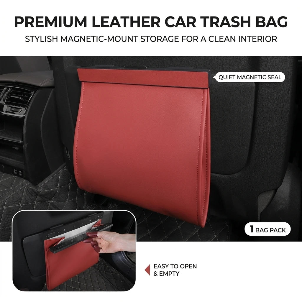 Magnetic Adsorption Car Garbage Bag Waterproof PU Leather Auto Back Seat Hanging Trash Bin for Car Interior Accessories