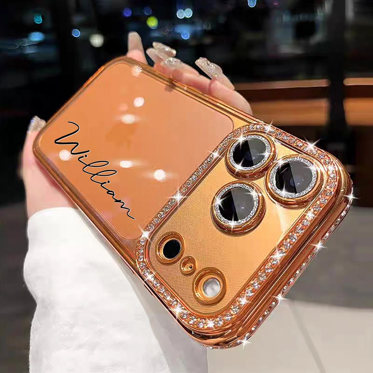 Custom Letters Name Starry Orange Rhinestone Glitter Frame Transparent Phone Case For iPhone 11 12 13 14 15 16 17Pro Max 17 Air
