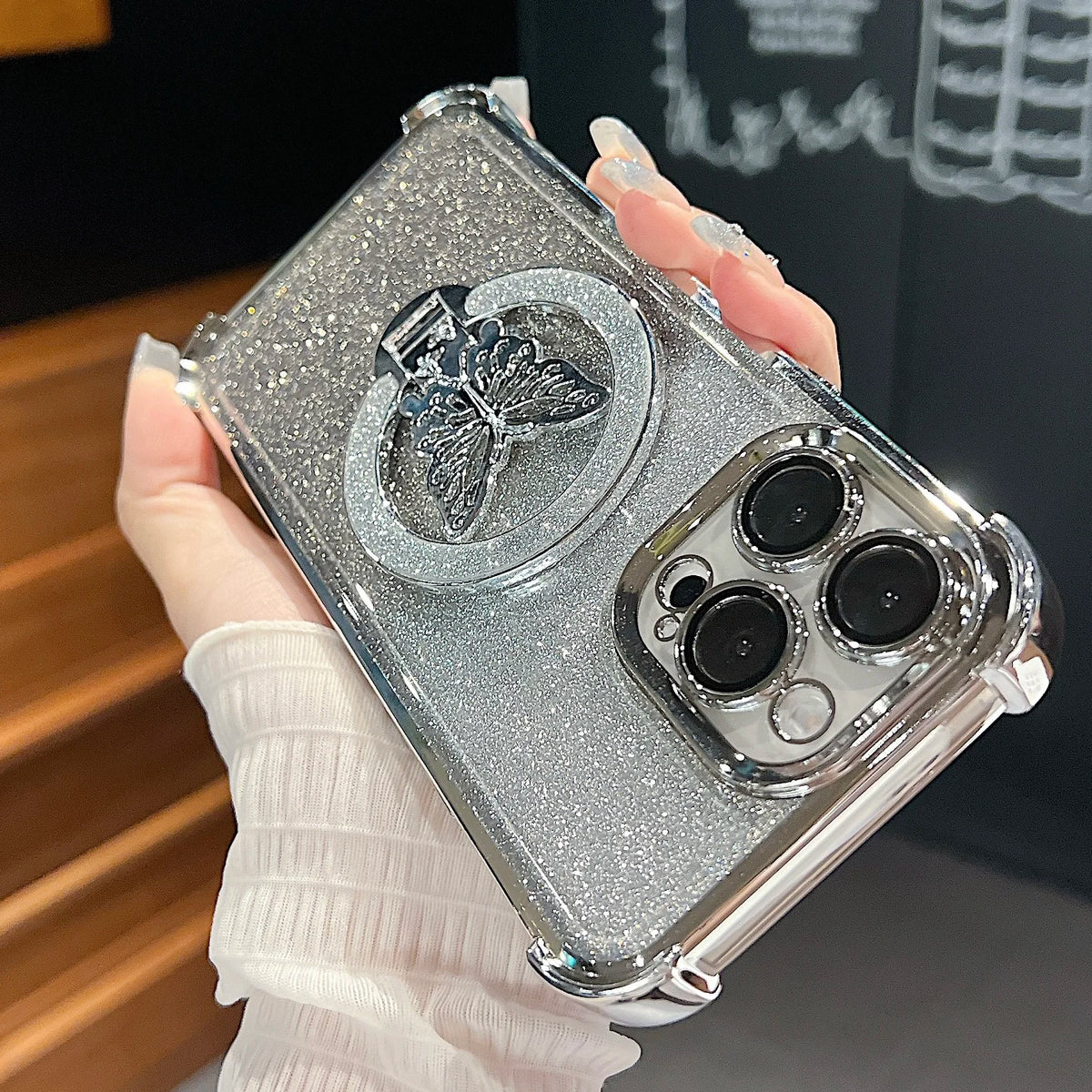 Luxury Butterfly Glitter Holder With Lens Film Phone Case For iPhone 11 12 13 14 15 16 17 Pro Max Plus Four Corner Anti Fall