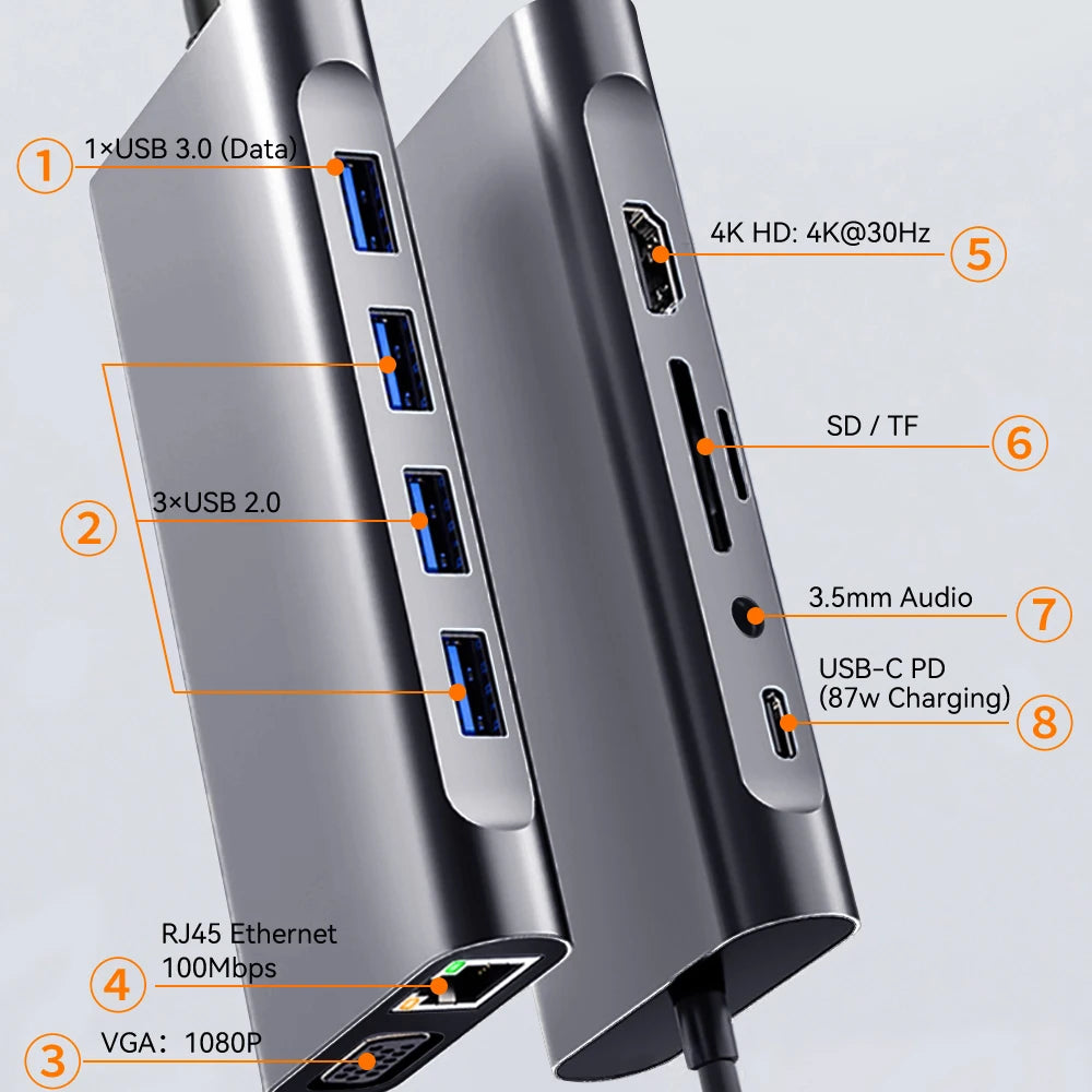 4K 30Hz USB C Docking Station Type C to HDMI-compatible VGA RJ45 Adapter USB 3.0 HUB Splitter For Laptop Macbook Air M1 iPad Pro