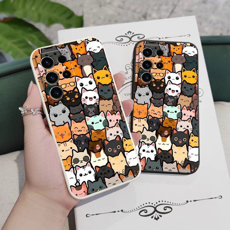 Cute Cat Drawing Phone Case For Samsung Galaxy S25 S24 S23 S22 S21 S20 Ultra FE S10 S10E Plus Note 20 Ultra Silicone Cover