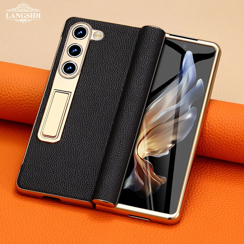 Leather Flip Case for Samsung Galaxy Z Fold 7 6 5 4 3 8 Fold8 ULtra Fold7 Plating Magnetic Hinge Stand Cover with Mirror Film
