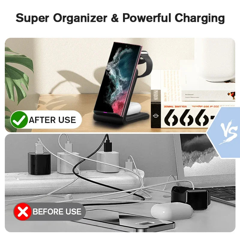 VIKEFON 3 in 1 Wireless Charger Stand for iPhone 16 15 14 13 12 Samsung Galaxy Apple Watch Airpods Pro Fast Charging Station