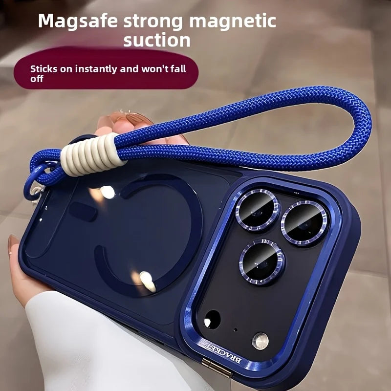 Camera Bracket Acrylic Magnetic Phone Case for IPhone 17 Air 17 16 15 14 Plus 13 12 11 Pro Max with Wrist Strap Lens Film Cover