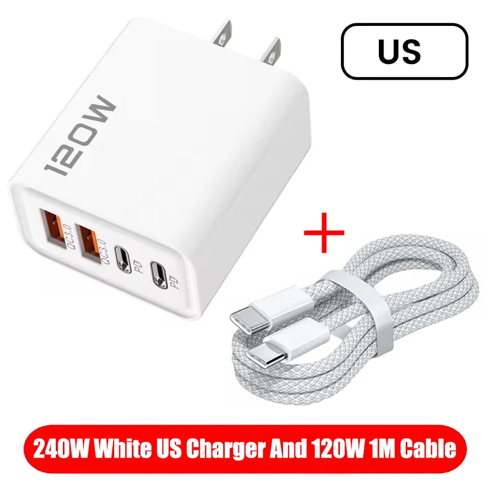 120W 4 Ports USB Charger Fast Charge Phone Charger Adapter Type C Cable For iPhone Samsung Xiaomi EU/US/UK Plug Wall Charger