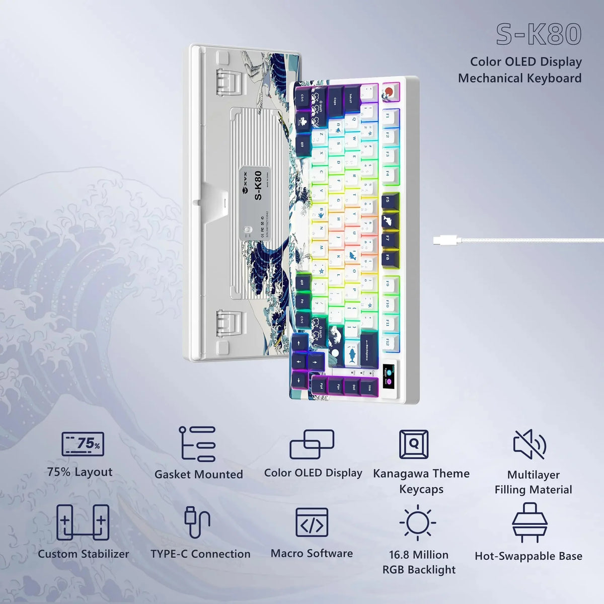 Womier SK80 Gasket Mounted Mechanical Keyboard 81 Key Gamer Keyboard 75% Hot Swap RGB Gaming Keyboard with Smart Display for PC