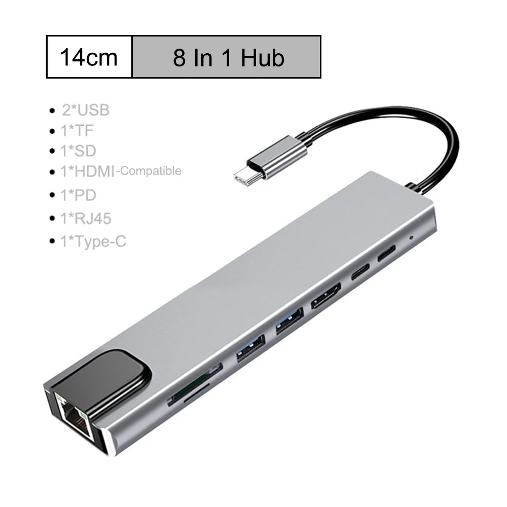 8 In 1 USB C Hub Type C 3.1 To 4K HD Adapter with RJ45 SD/TF Card Reader PD Fast Charge for MacBook Notebook Laptop Computer