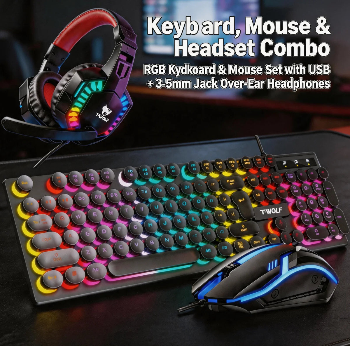RGB Gaming Keyboard Mouse Headset Combo Wired USB 3.5mm LED Backlit Round Keycaps Gaming Set for PC Laptop PS4 Xbox Gaming Setup Back to School Gamer Gift