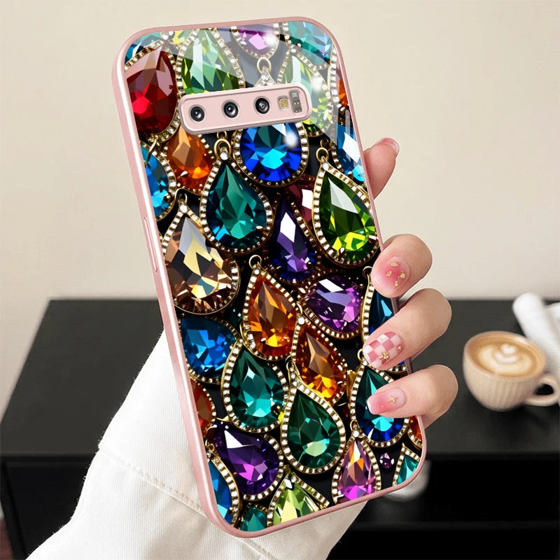 Colorful Teardrop Gem Pink Metallic Glass Phone Case For Samsung Galaxy S26 S25 S24 S23 Ultra Plus FE S8 S9 S10 Note8 9 10 Cover