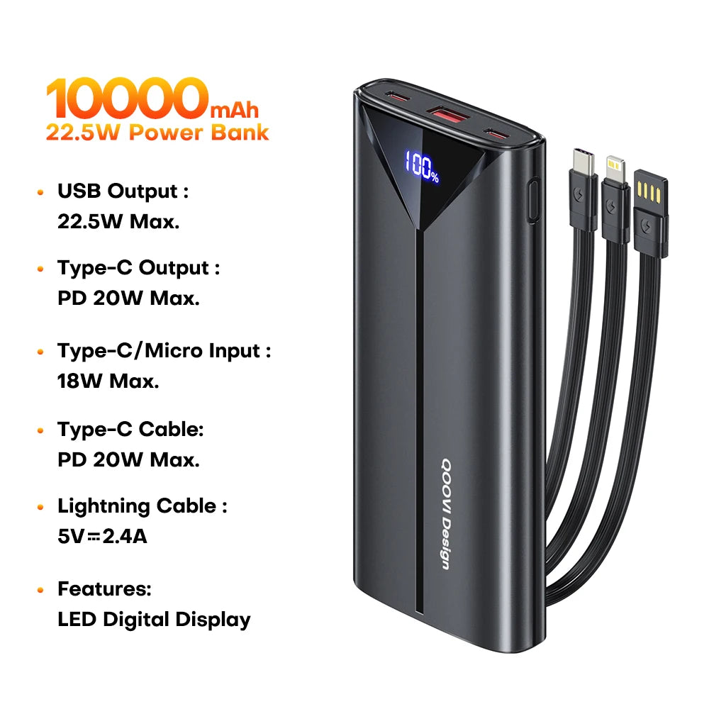 QOOVI 20000mah Power Bank 22.5W Fast Charging Built-in Cable External Large Battery Portable Charger For iPhone Samsung Xiaomi