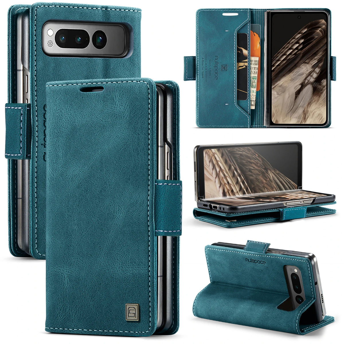 AUTSPACE Skin Feel Retro Leather Wallet Case for Google Pixel Fold Card Slots Holder Magnetic Clasp Folding Protective Case