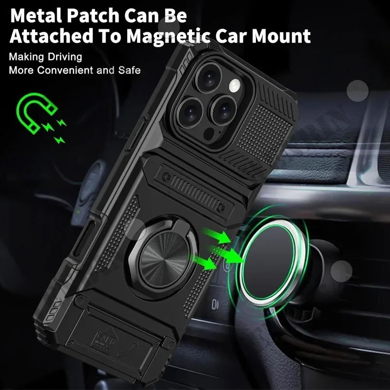 Case For iPhone 17 16 15 14 Pro Max 16 Plus Magnetic Rotated Ring Kickstand Heavy Duty Drop Protection Wallet Cover Funda Capa