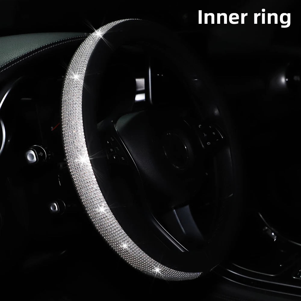 Women's PU Leather Car Interior Wheel Cover with Flashing Mesh Rhinestones for 14.5-15 Inch Car Accessories