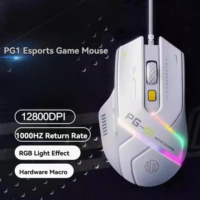 Inphic Pg1 Wired Mouse Gaming Mouse RGB Light Emitting Macro Programming 12800DPI 6 Keys Computer Mouse 1000hz Polling Rate