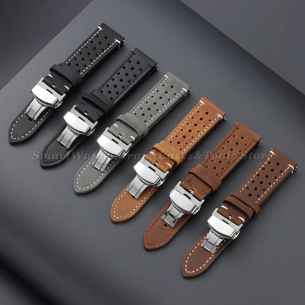 18/19/20/21/22/24mm Vintage Cowhide Watch Strap Brown Black Top-Grain Leather Watch Band Quick Relase Butterfly Buckle Bracelet