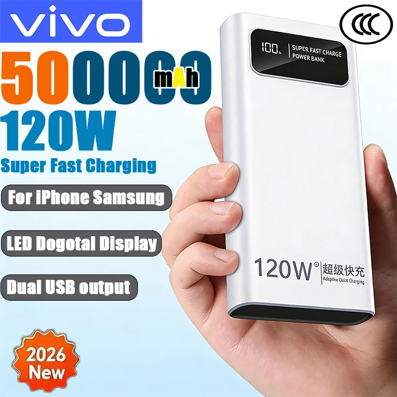 VIVO 500000mAh Power Bank 120W Fast Charging PowerBank LED Digital Display Portable External Battery for iPhone Samsung 2026 New