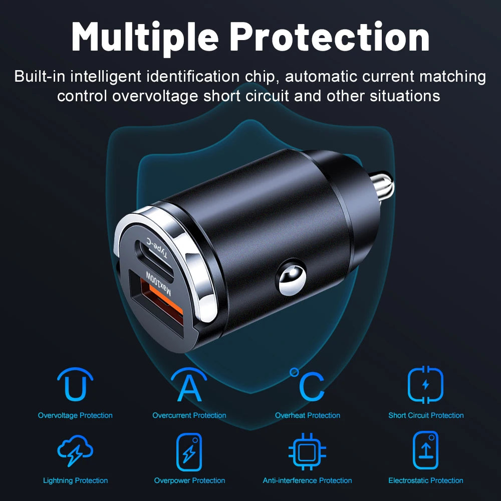 Mini 100W PD QC Pull Ring Fast Charging Car Charger USB C Car Phone Charger Adapter For iPhone 15 16 17 Xiaomi Samsung Huawei