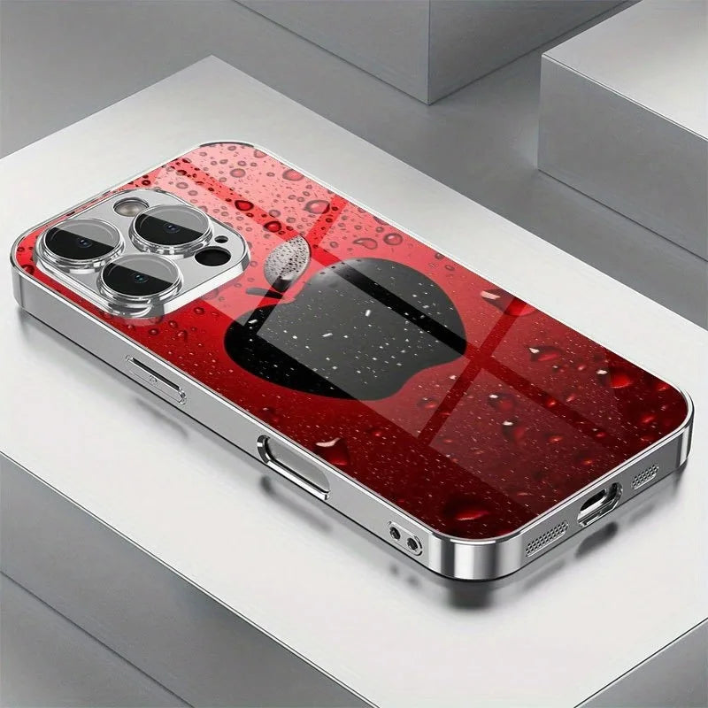 Advanced Lucky Red Water Drop Apple Pattern For iPhone Case for 11/12/13/14/15/16/17 Pro MAX Plating Silver Glass Design