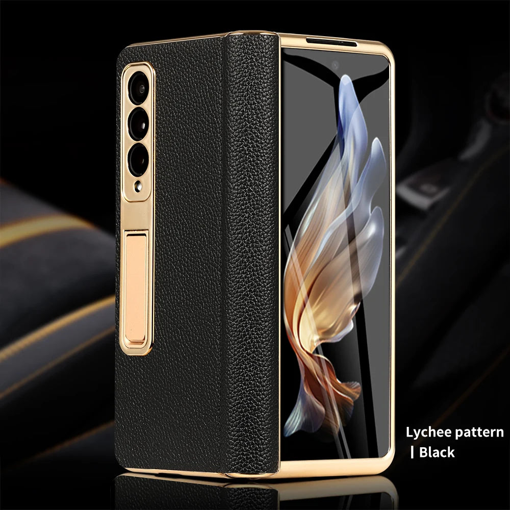 Leather Flip Case for Samsung Galaxy Z Fold 7 6 5 4 3 8 Fold8 ULtra Fold7 Plating Magnetic Hinge Stand Cover with Mirror Film
